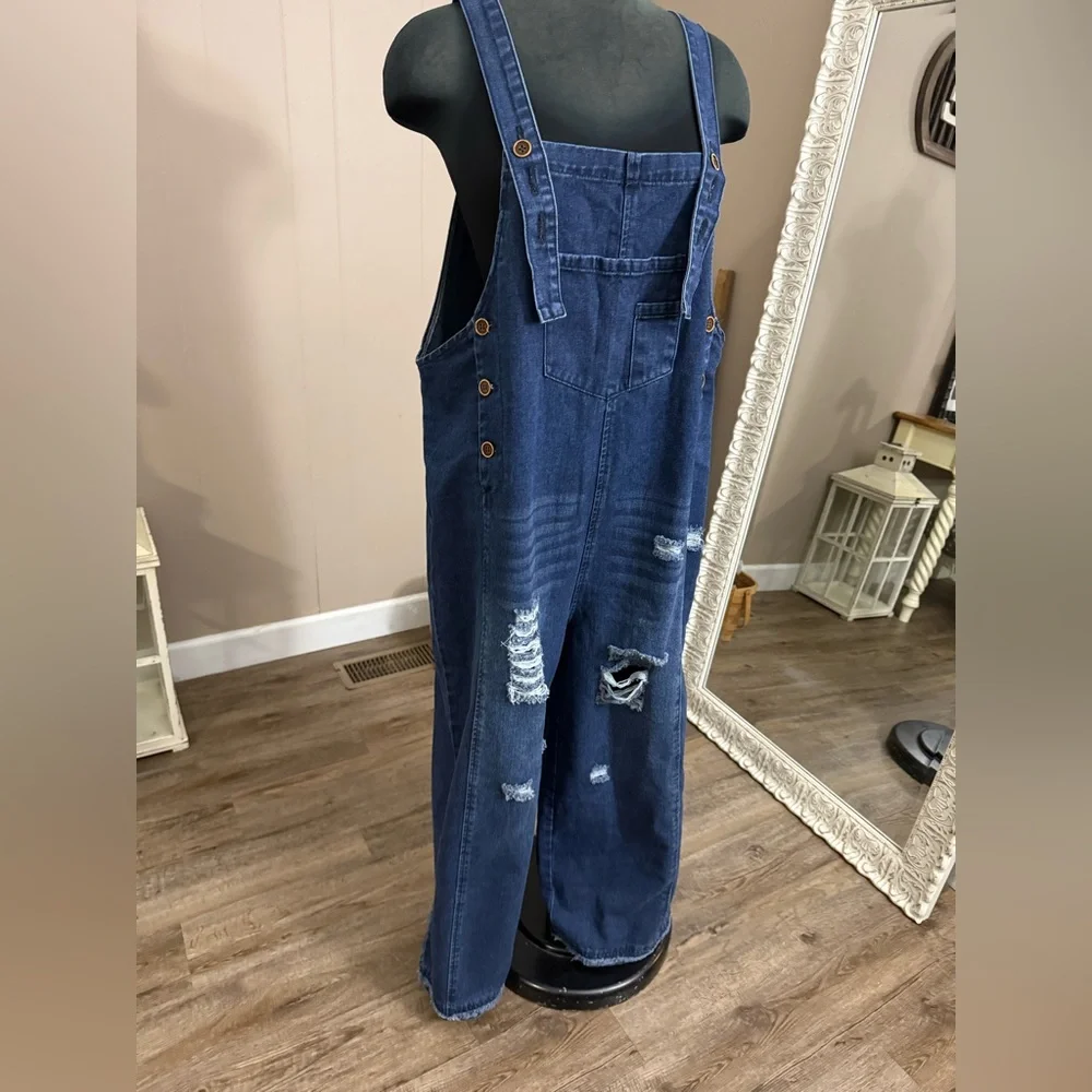 Wide Leg Distressed Oversized Jean Overalls - Picture 13 of 14